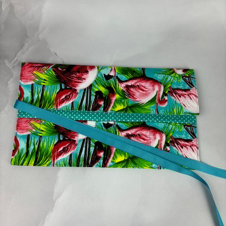 Flamingos fabric brush roll, Birds pencil wrap, Tool roll, Handmade