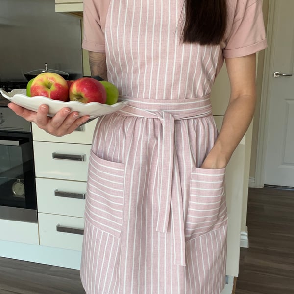 Handmade Cotton Pinafore Apron, Adjustable Straps, Pink Striped with Pockets