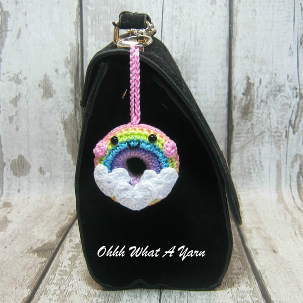 Crochet rainbow doughnut bag charm, rainbow decoration, rainbow gift, bag charm.