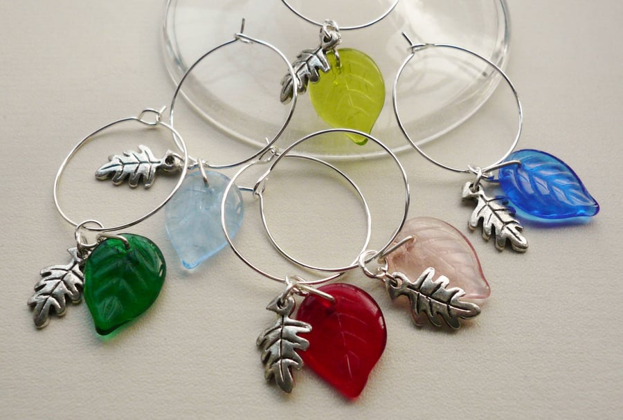 Wine Glass Charms Multicoloured Flat Glass and Silver Leaf  KCJ1688