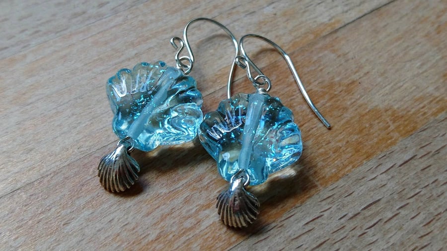 Aqua sea shell sterling silver earrings