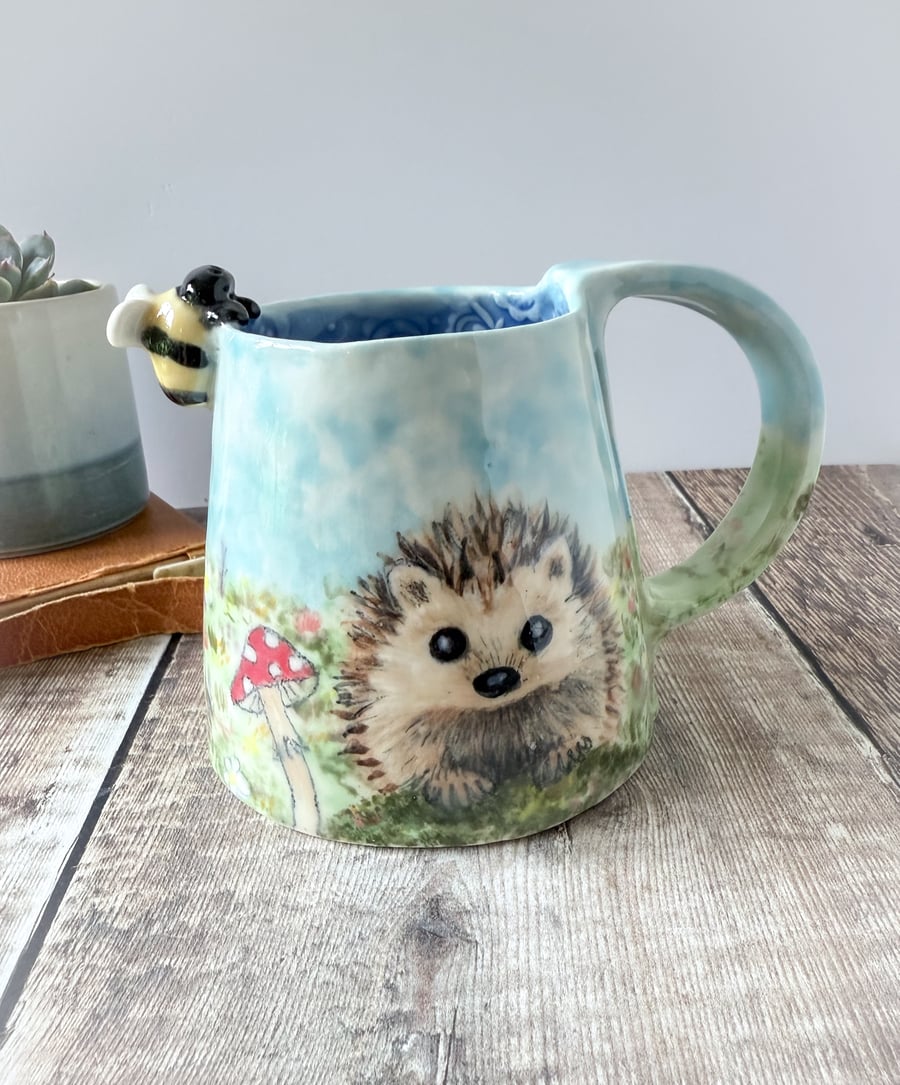 Handmade porcelain bee, hedgehog, toadstool autumn. Cup. Hand painted