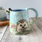Handmade porcelain bee, hedgehog, toadstool autumn. Cup. Hand painted