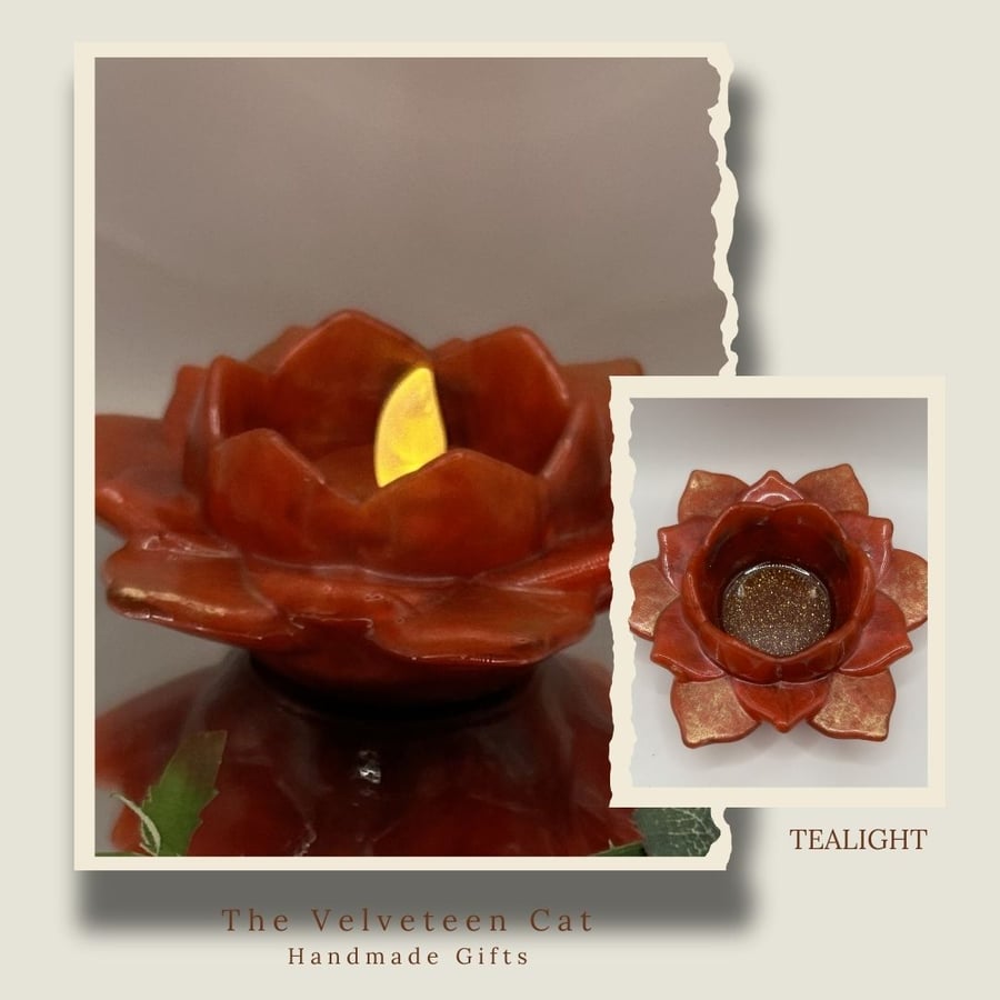 Handmade Resin Lotus Flower Tealight Holder in Opaque Red and Brushed Gold