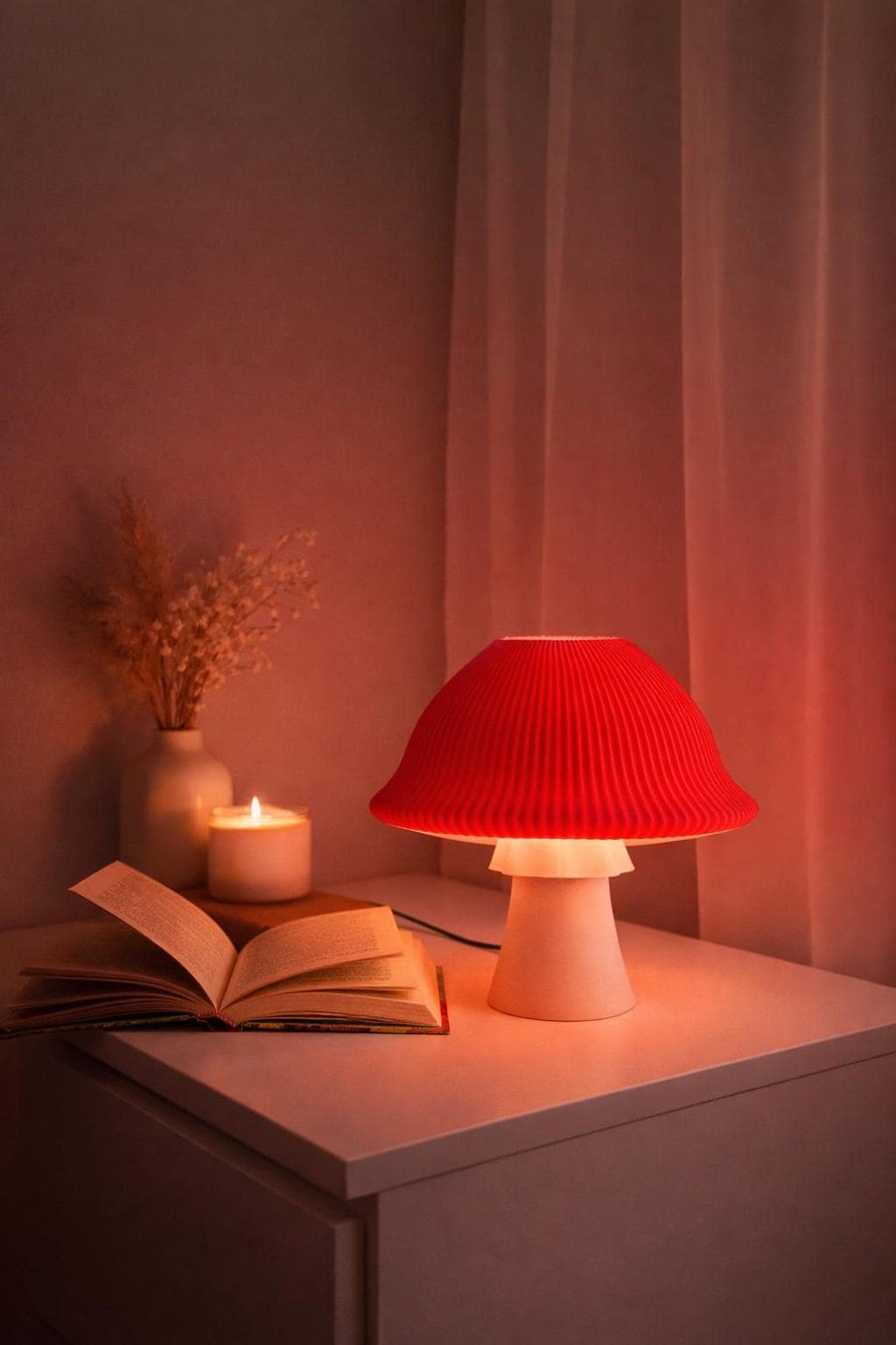Red Bedside Lamp Ribbed Modern Table Light 3D Printed Accent Lamp