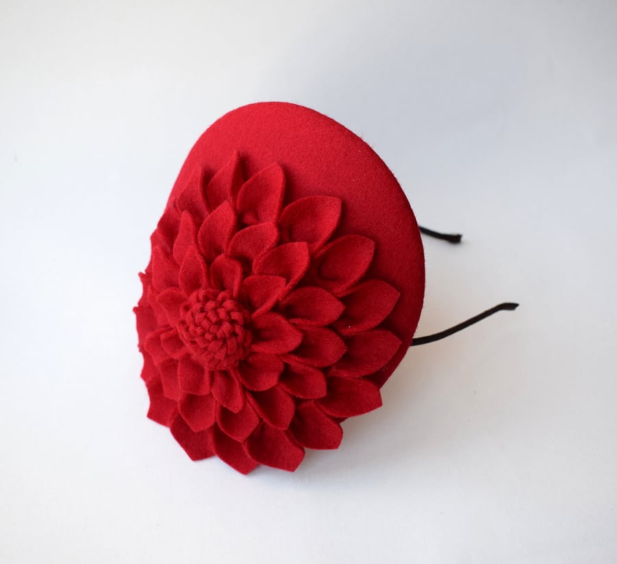 Red Dahlia Felt Flower Fascinator Hat  - Womens Wedding Hat - Mini Hat