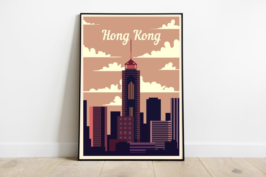 Hong Kong retro travel poster, Hong Kong wall print, retro wall decor