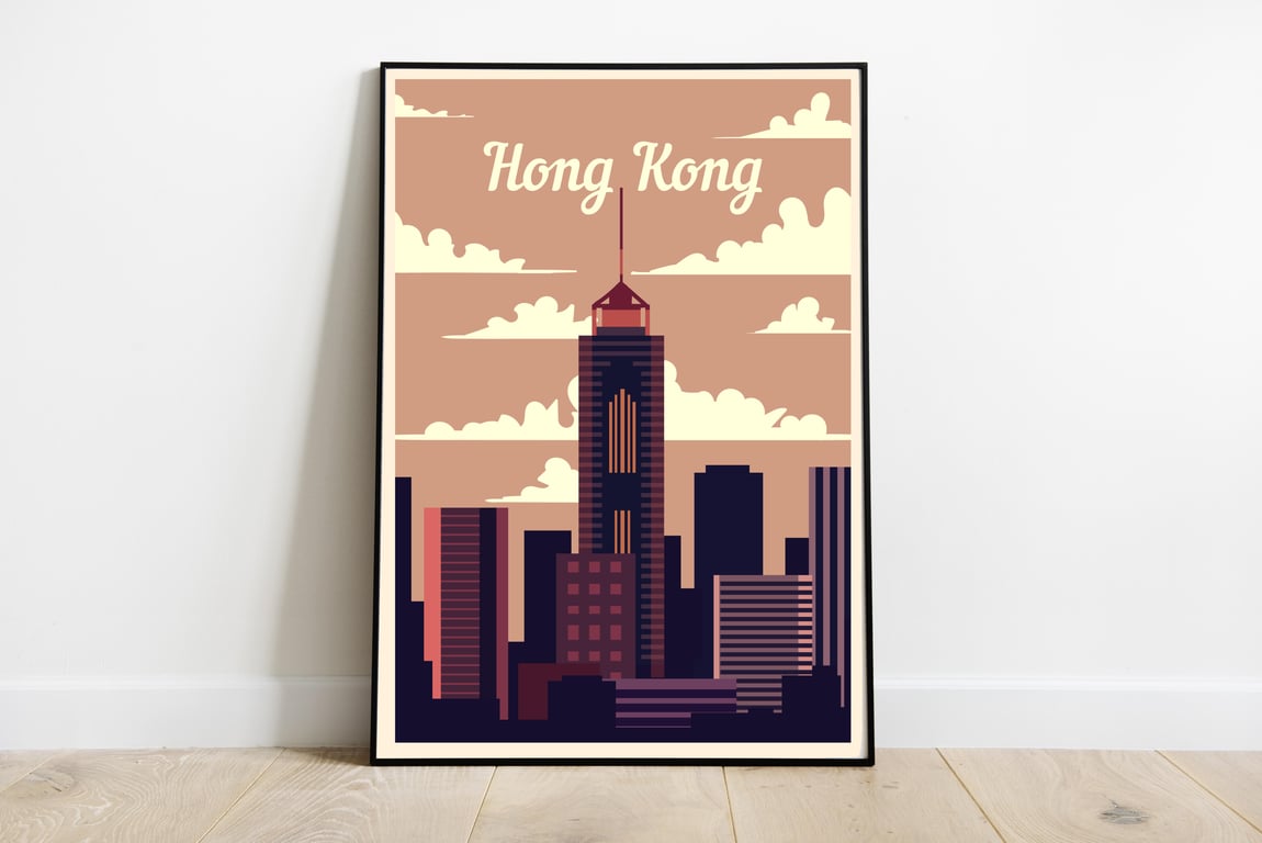 Hong Kong retro travel poster, Hong Kong wall print, retro wall decor