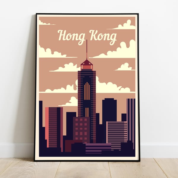 Hong Kong retro travel poster, Hong Kong wall print, retro wall decor