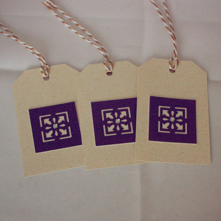 Handmade cream, purple and gold gift tags - pack of 3