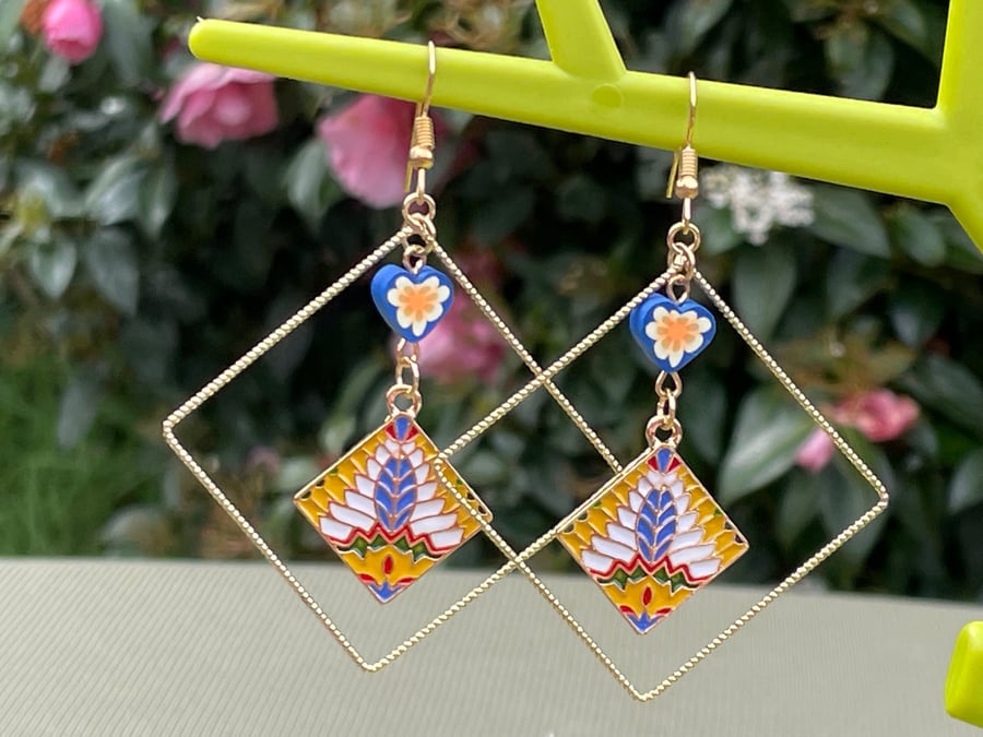 SQUARE HOOP EARRINGS aztec pattern tree of life polymer enamel gold plated