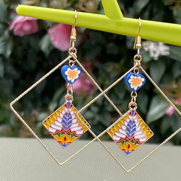 SQUARE HOOP EARRINGS aztec pattern tree of life polymer enamel gold plated