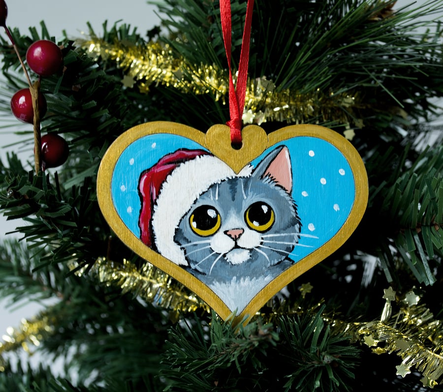 Hand Painted Grey Tabby Cat Christmas Tree Decoration