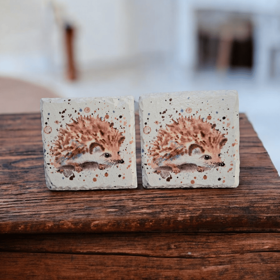 Hedgehog Decoupaged Slate Coaster Set of 2
