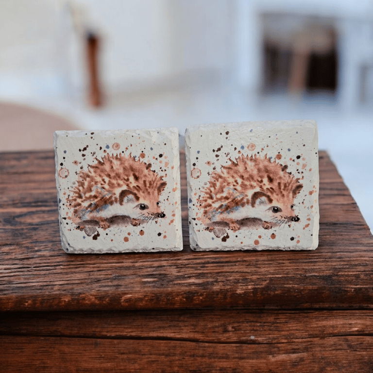 Hedgehog Decoupaged Slate Coaster Set of 2