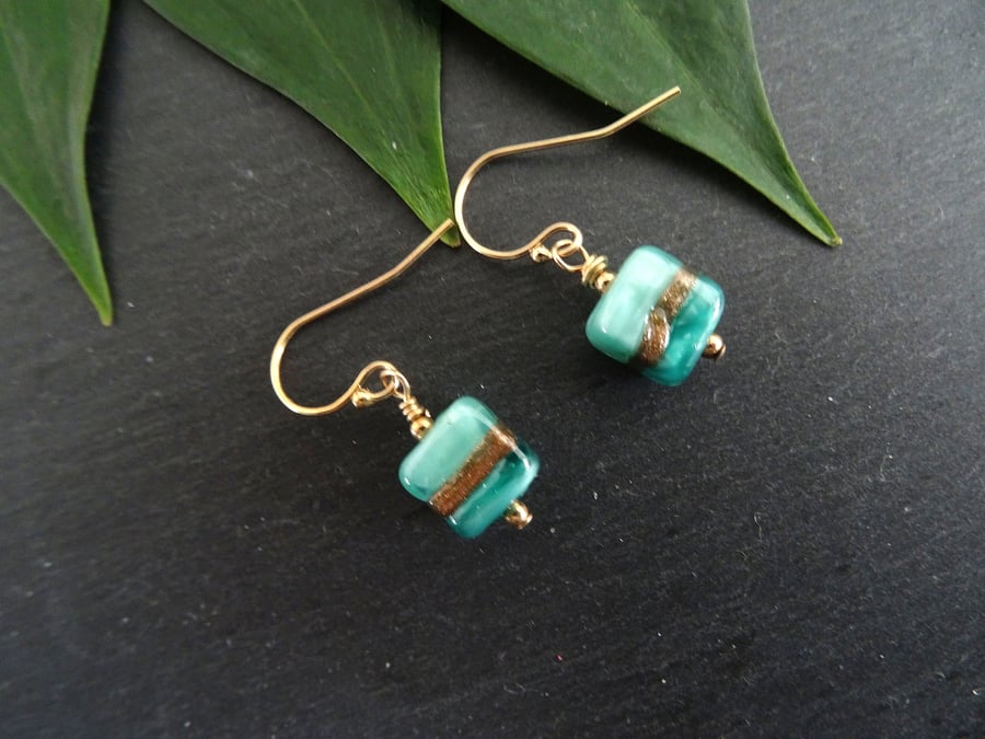 Murano glass aquamarine aventurine earrings,goldfill earwires,
