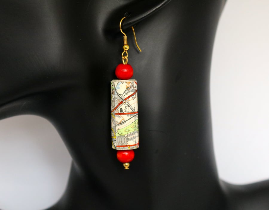 Paper beaded earrings made with OS map of Birmingham
