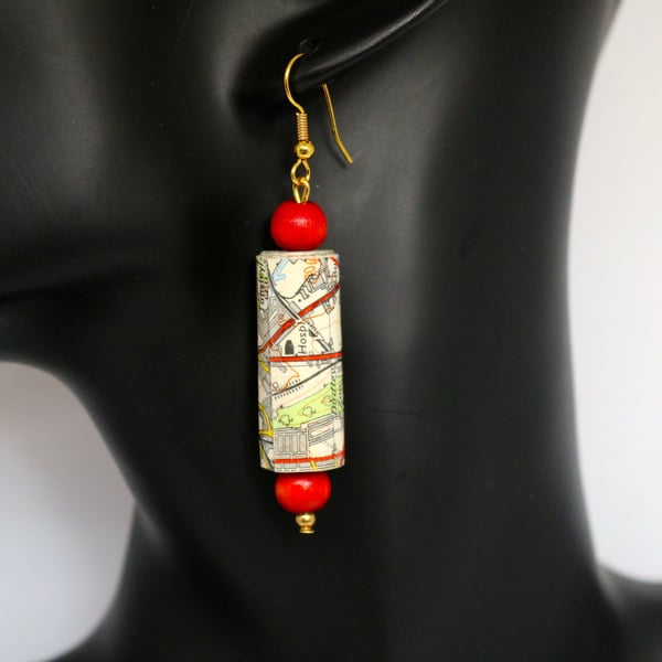 Paper beaded earrings made with OS map of Birmingham