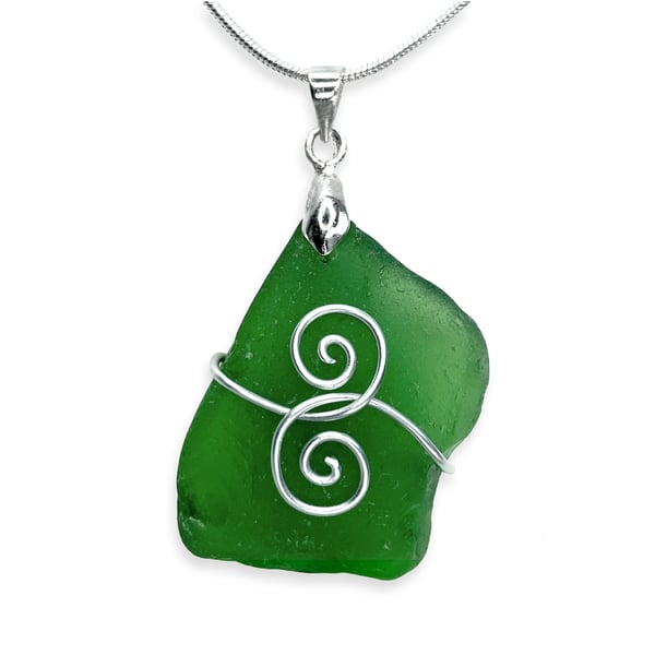 Sea Glass Pendant - Green Beach Glass, Silver Handmade Celtic Necklace Jewellery