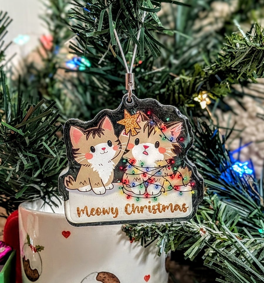 Meowy Christmas Cat Decoration - Glitter Epoxy Acrylic Bauble - Monty & Mabel