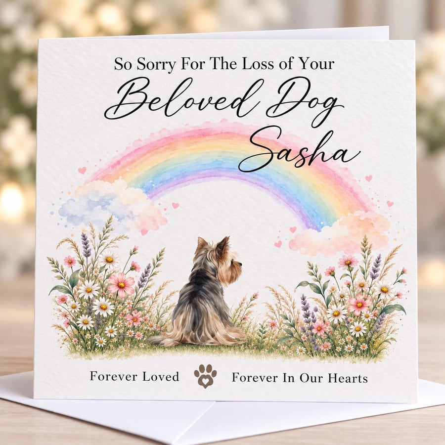Personalised Yorkshire Terrier Dog Loss Card, Sympathy Card, Rainbow Bridge Card