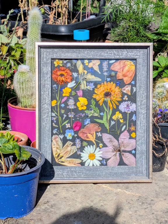 Pressed Flower Collage - 12.2" x 10.2" Grey & Gold Frame 