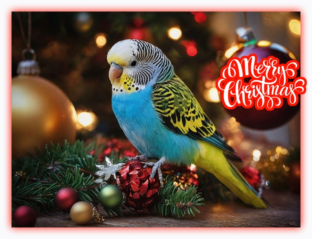 A5 Christmas Greeting Card Budgie With Xmas Decorations 