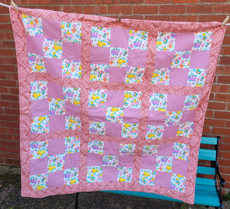 Homemade 100% cotton Carebears patchwork quilt