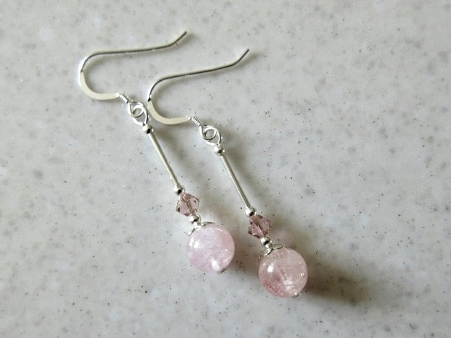 Natural Pink Morganite Earrings With Swarovski Crystals & Sterling Silver Tubes