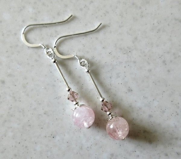 Natural Pink Morganite Earrings With Swarovski Crystals & Sterling Silver Tubes