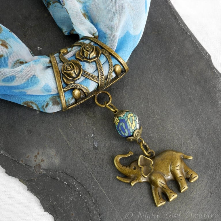 Elephant Scarf Ring Pendant, Beaded Scarf Ring, Antique Bronze Metal,