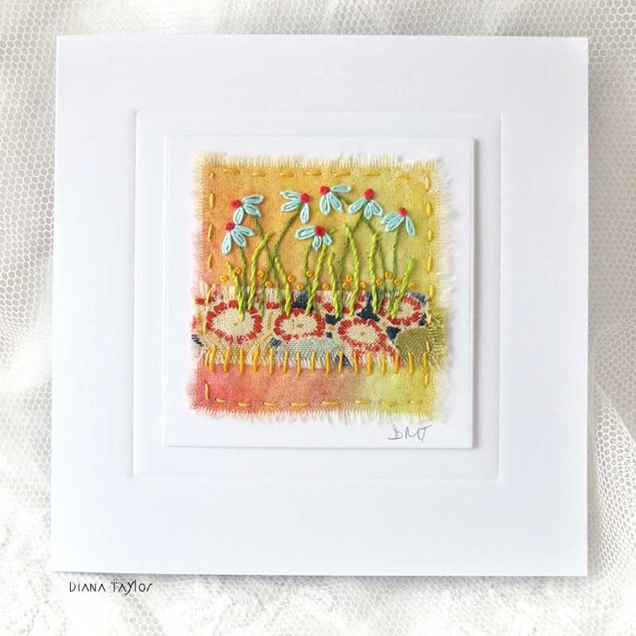 HAND EMBRODIERED GREETING CARD SPRING SUMMER GARDEN VOYSEY