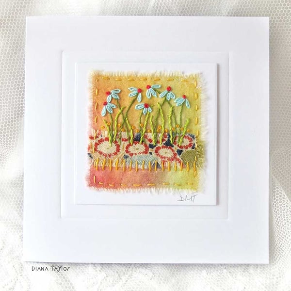 HAND EMBRODIERED GREETING CARD SPRING SUMMER GARDEN VOYSEY