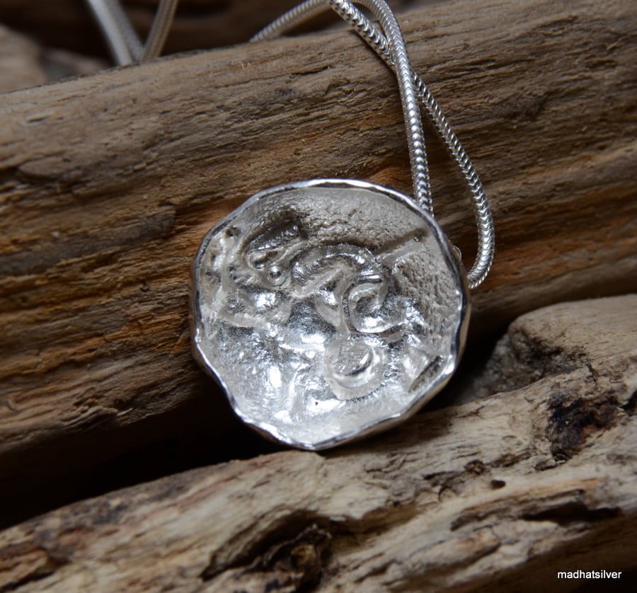 Hammered silver dome pendant with fused centre, flower jewellery