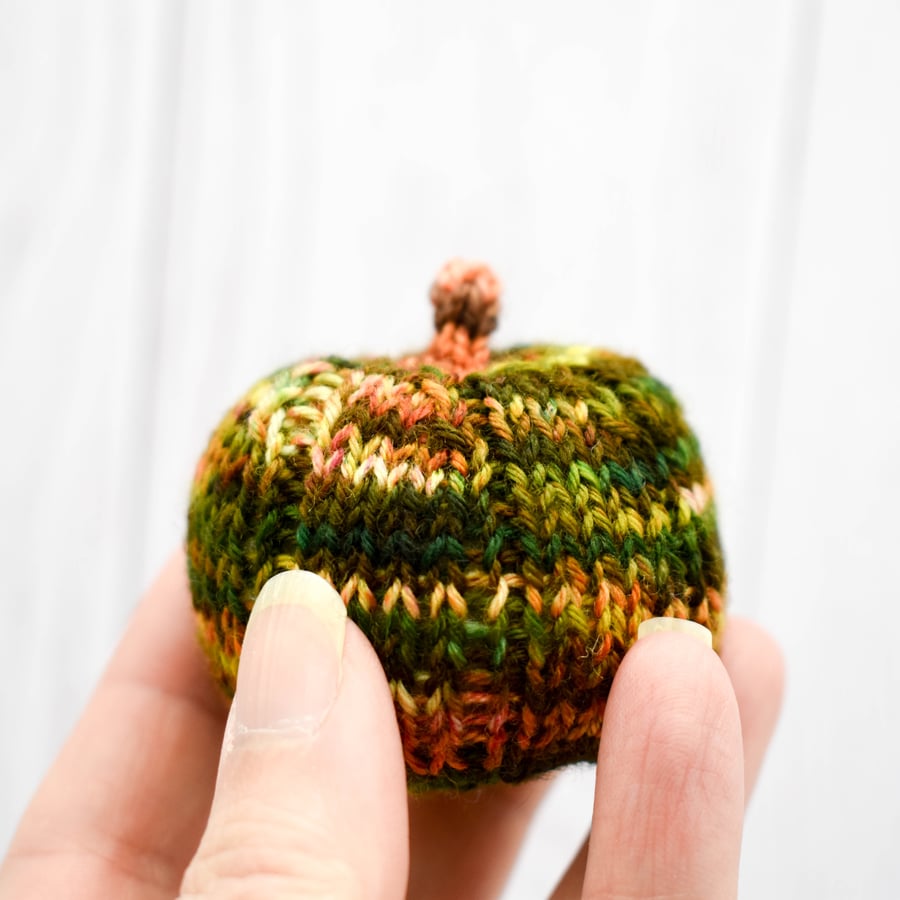 Hand knitted mini pumpkin pin cushion variegated green