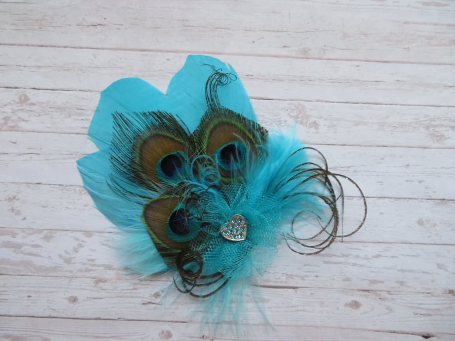 Pale Turquoise Blue Small Peacock Feather Silver Heart Hair or Hat Clip