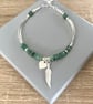 Green Emerald Gemstone Noodle Bracelet, Sterling Silver Feather Charm Bracelet - Image 2
