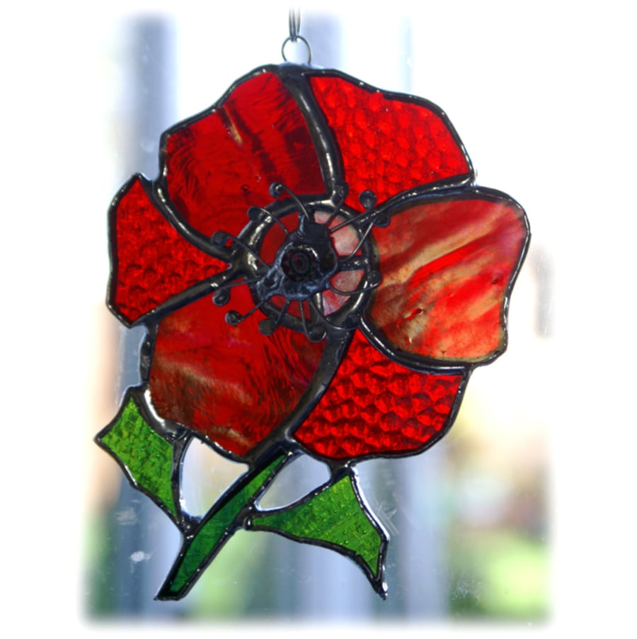 Poppy Suncatcher Stained Glass Handmade Red Flower 019