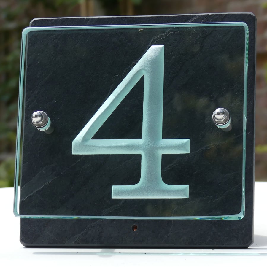 One Digit Engraved Glass & Slate House Number Sign. Size 20cm x 20cm