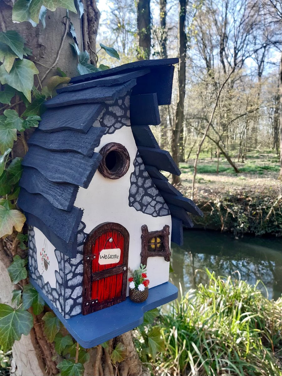 Fairyhouse Bird box. Hand-painted quirky bird house. Red fairy door.