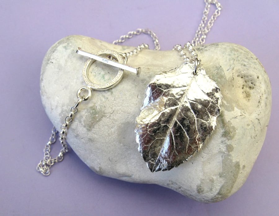 Fine silver rose leaf necklace with fancy toggle bar