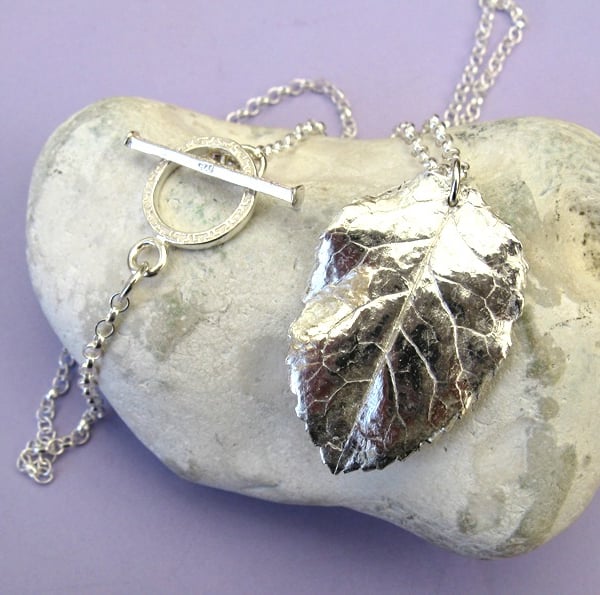 Fine silver rose leaf necklace with fancy toggle bar