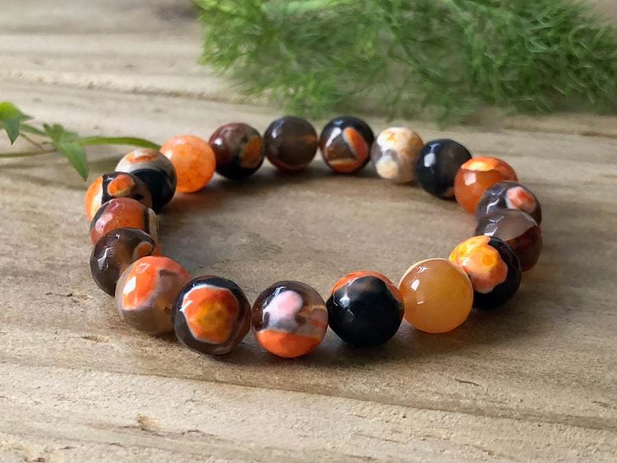 Black & Orange Beaded Stretch Bracelet. Dragon's Vein Fire Agate Gemstone