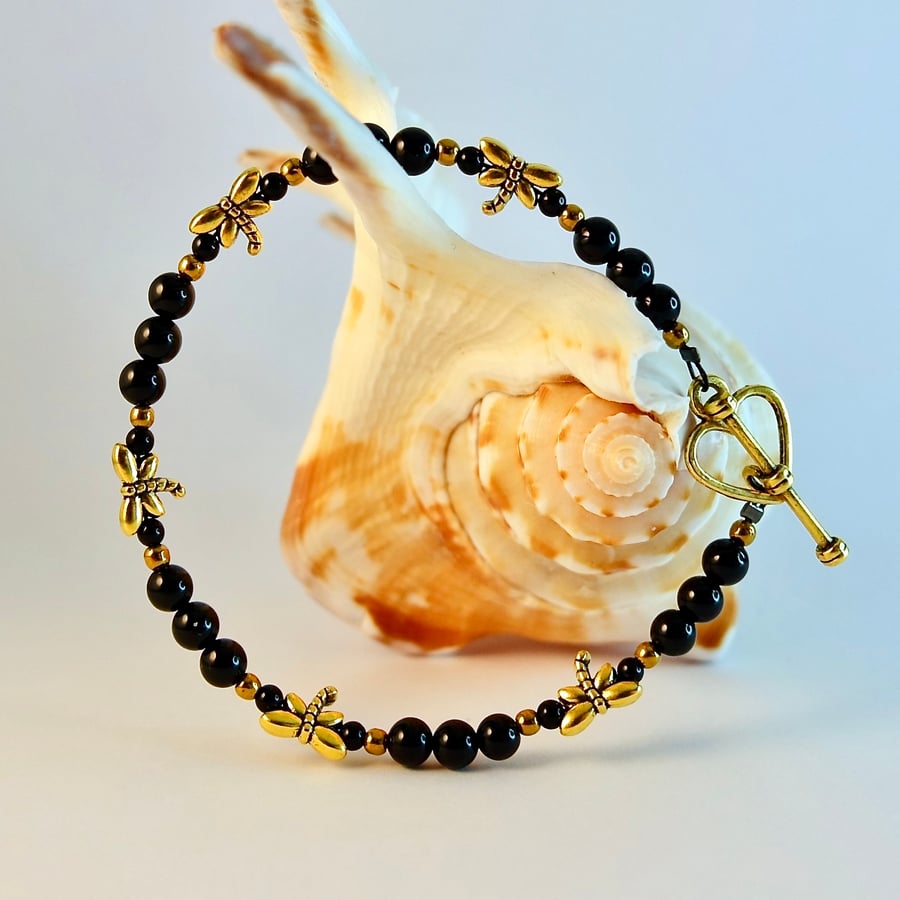 Black Onyx Bracelet With Gold Dragonflies - Birthday, Anniversary, Gifts For Her
