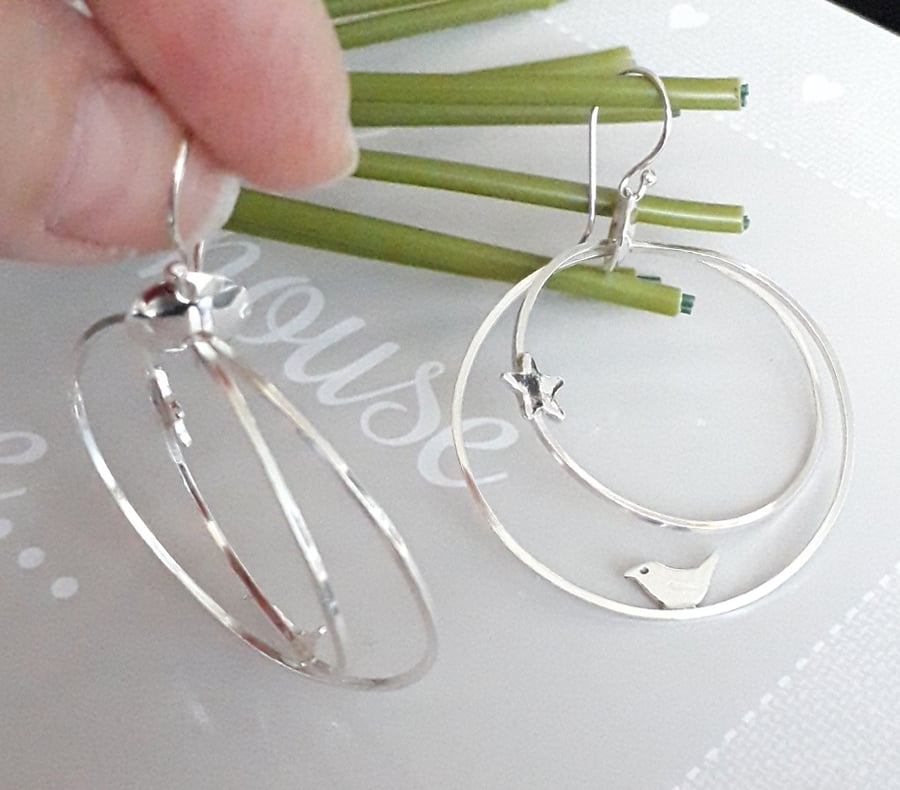Silver Hoop Earrings with Bird and Star 