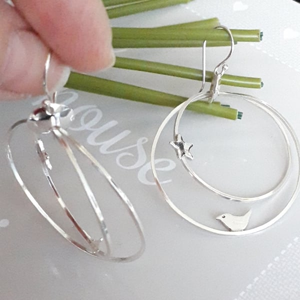 Silver Hoop Earrings with Bird and Star 