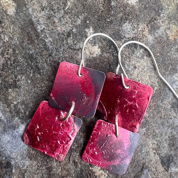 Double Red Square Dangle Earrings