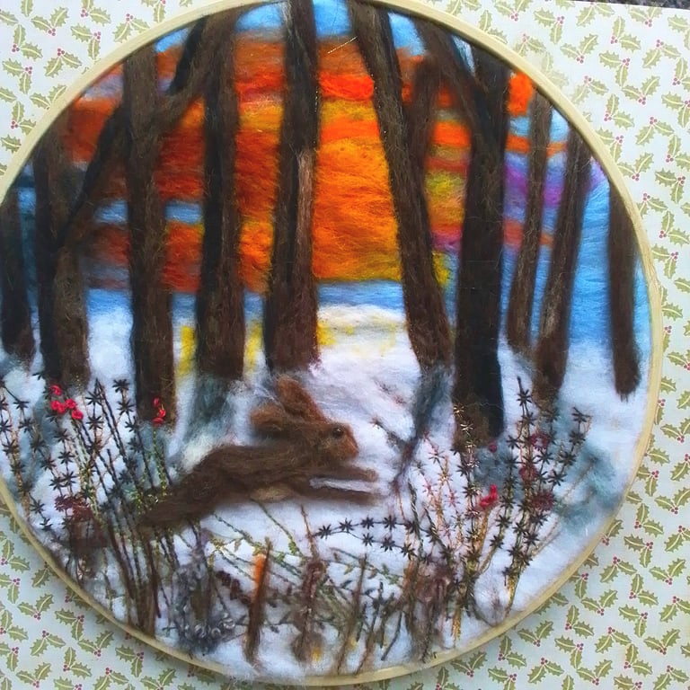 Needle felted winter picture with hare
