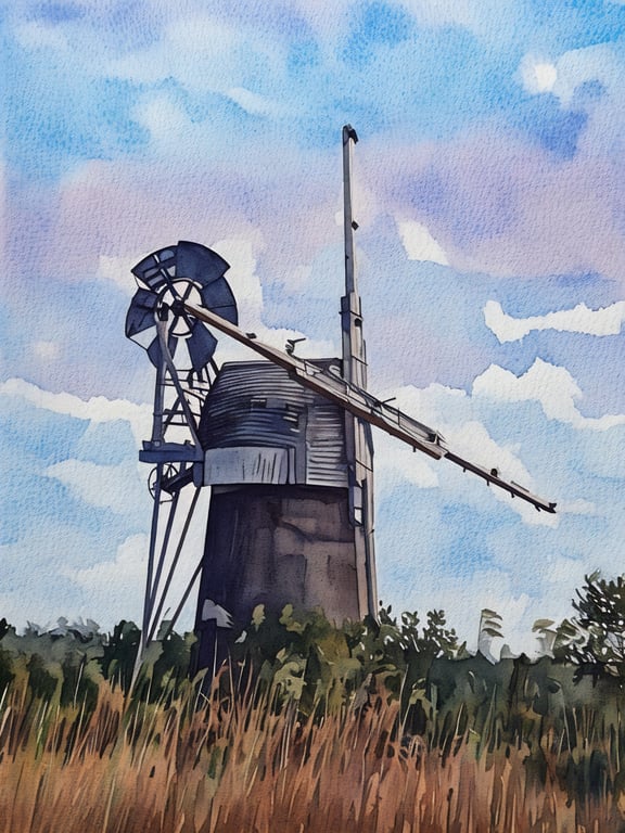 A4 Print Of Windmill on The Norfolk Broads Sunrise Watercolour 