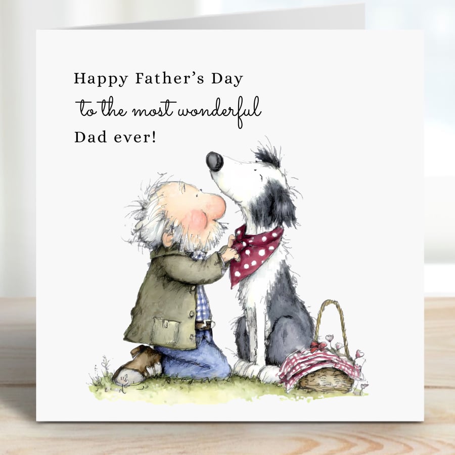 Father's Day Card, whimsical fun personalised card for farmer, man and his dog 